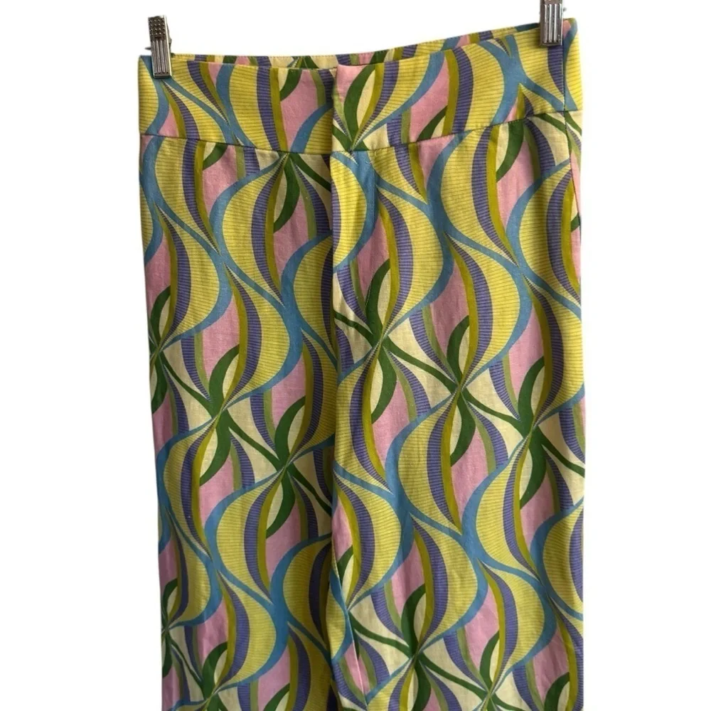 NWOT Zara Printed Linen Blend Flared Trousers, Multicolor Geometric Print, Sz S